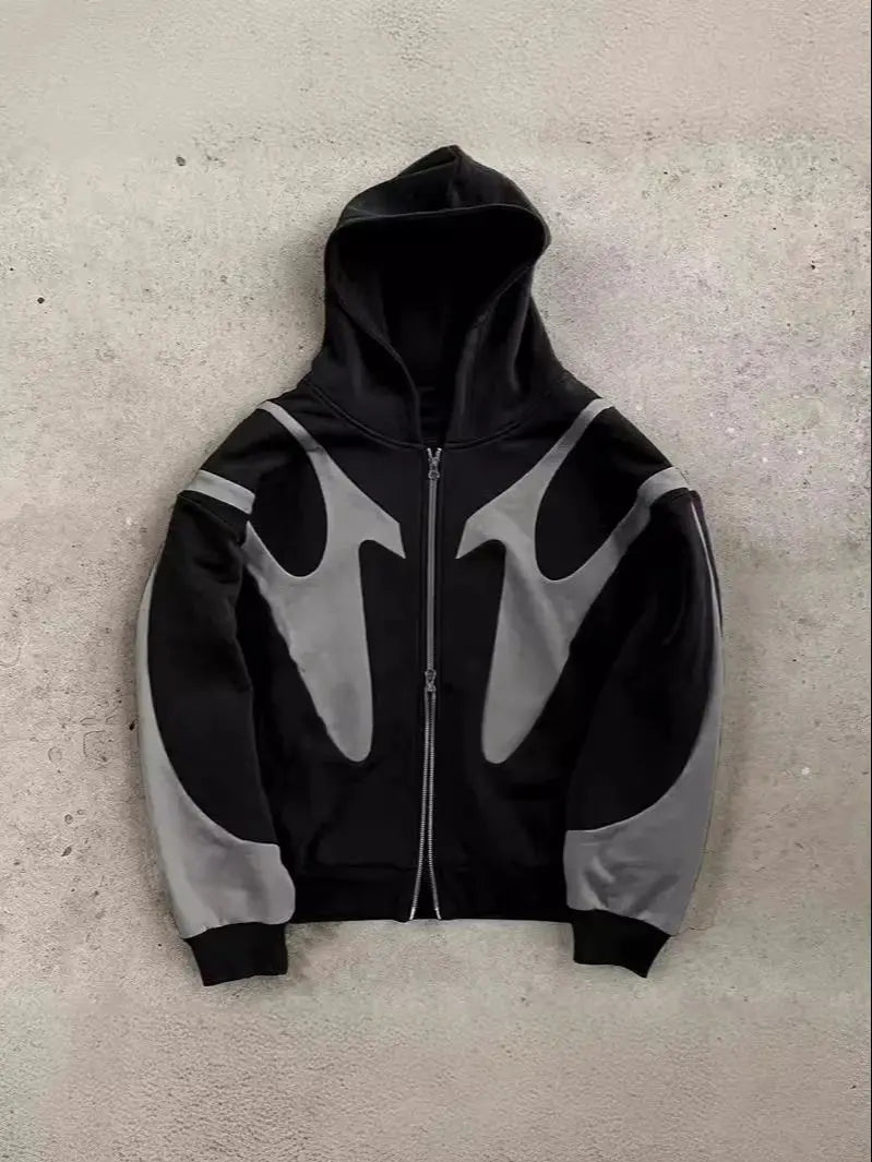 Men's Black & Gray Gothic Paneled Hoodie 2025 New Streetwear Oversized Zip-Up Jacket with Abstract Print Fashion Outerwear