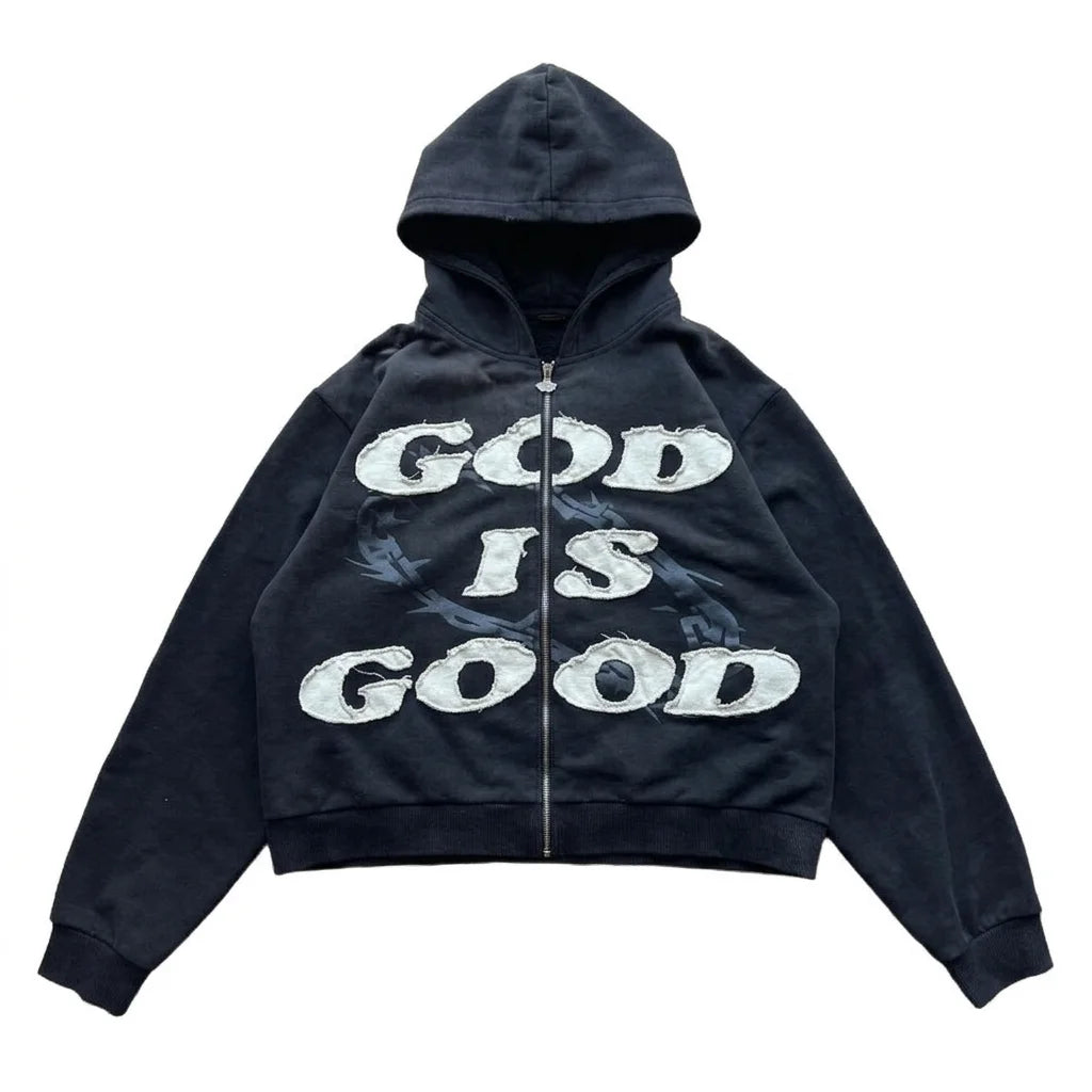Unisex Streetwear Hoodie – American Style Letter Patch Embroidery, Zipper Hooded Sweatshirt, Loose Fit High Street Fashion