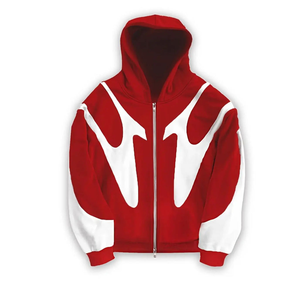 Men's Black & Gray Gothic Paneled Hoodie 2025 New Streetwear Oversized Zip-Up Jacket with Abstract Print Fashion Outerwear