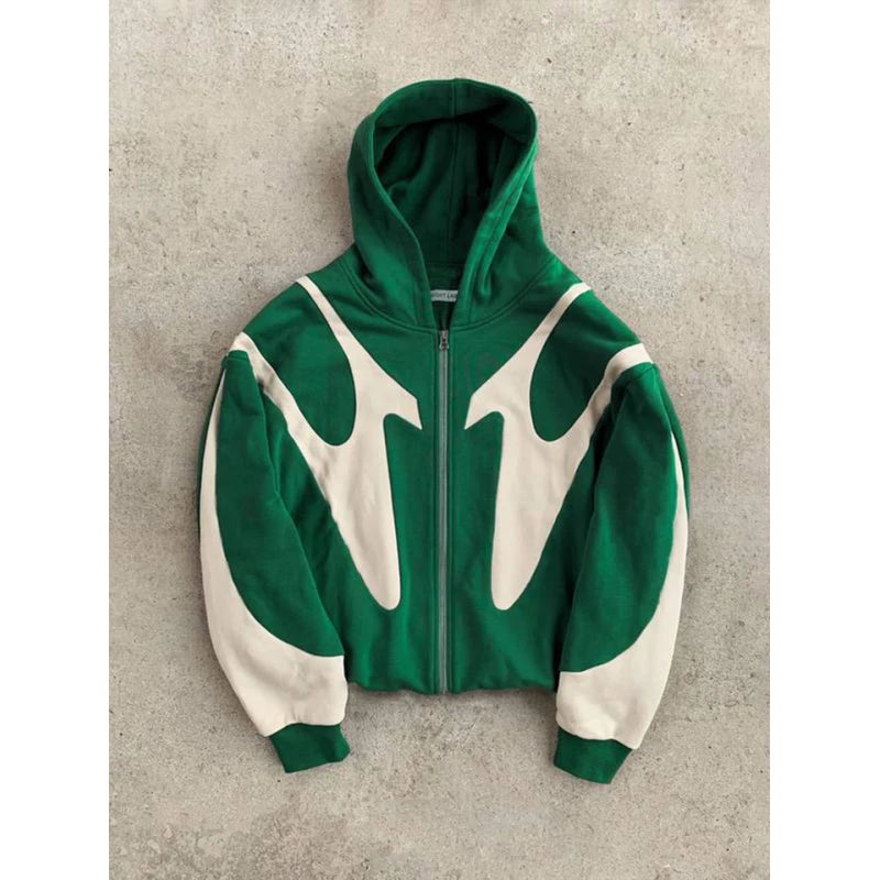 Men's Black & Gray Gothic Paneled Hoodie 2025 New Streetwear Oversized Zip-Up Jacket with Abstract Print Fashion Outerwear