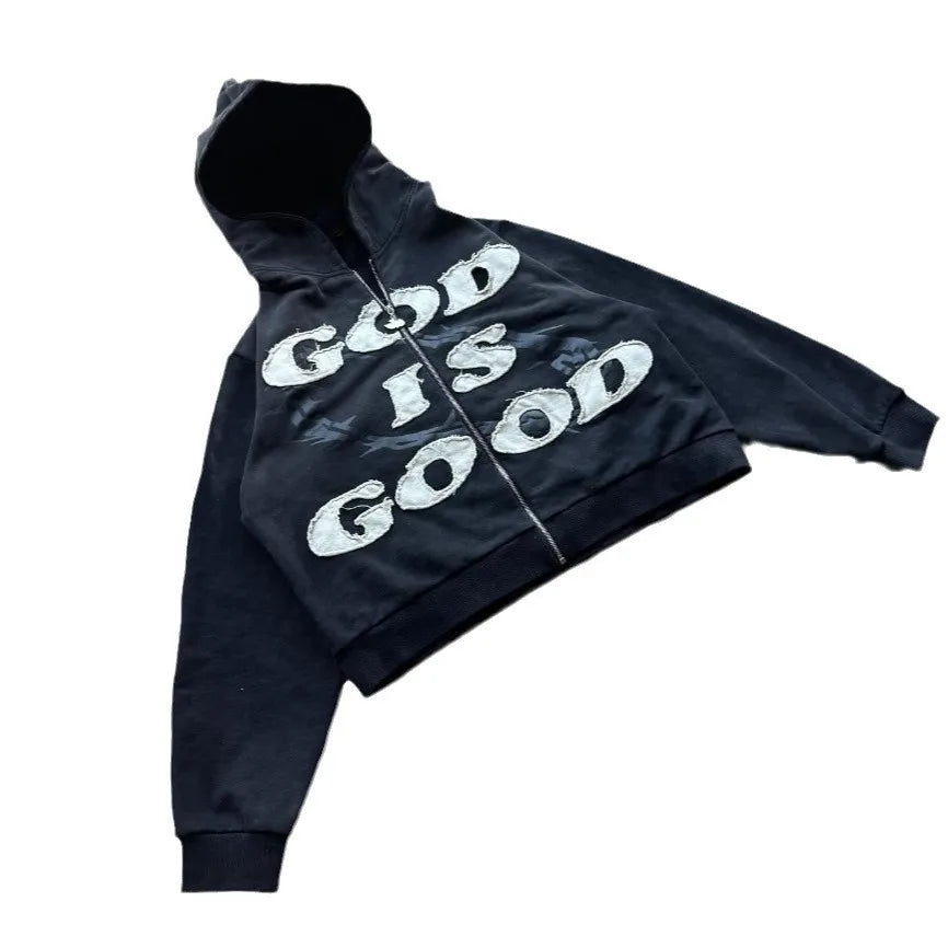 Unisex Streetwear Hoodie – American Style Letter Patch Embroidery, Zipper Hooded Sweatshirt, Loose Fit High Street Fashion