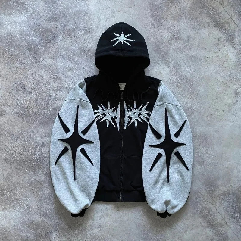 Hoodie Zip Up Y2K Harajuku Patchwork Goth — Streetwear Oversized Unisex