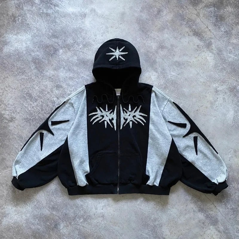 Hoodie Zip Up Y2K Harajuku Patchwork Goth — Streetwear Oversized Unisex