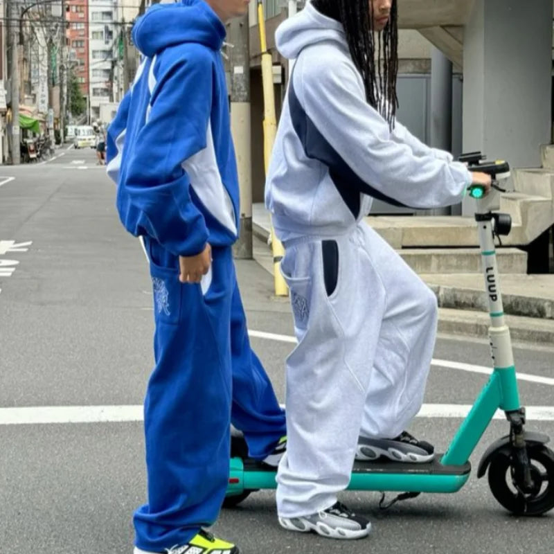 Blue striped simple hoodie, high street casual loose fit men's and women's sportswear set, two-piece set, cotton skin friendly