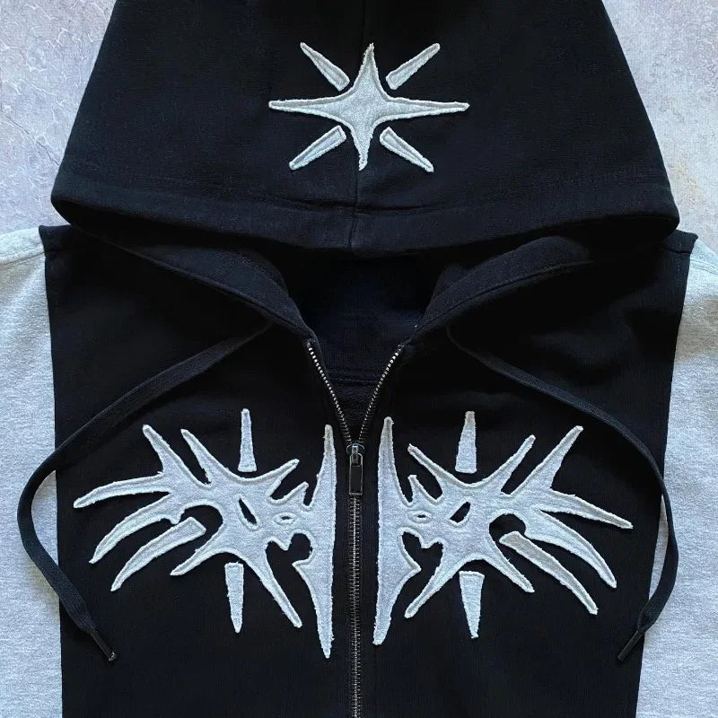Hoodie Zip Up Y2K Harajuku Patchwork Goth — Streetwear Oversized Unisex
