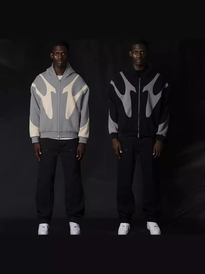 Men's Black & Gray Gothic Paneled Hoodie 2025 New Streetwear Oversized Zip-Up Jacket with Abstract Print Fashion Outerwear
