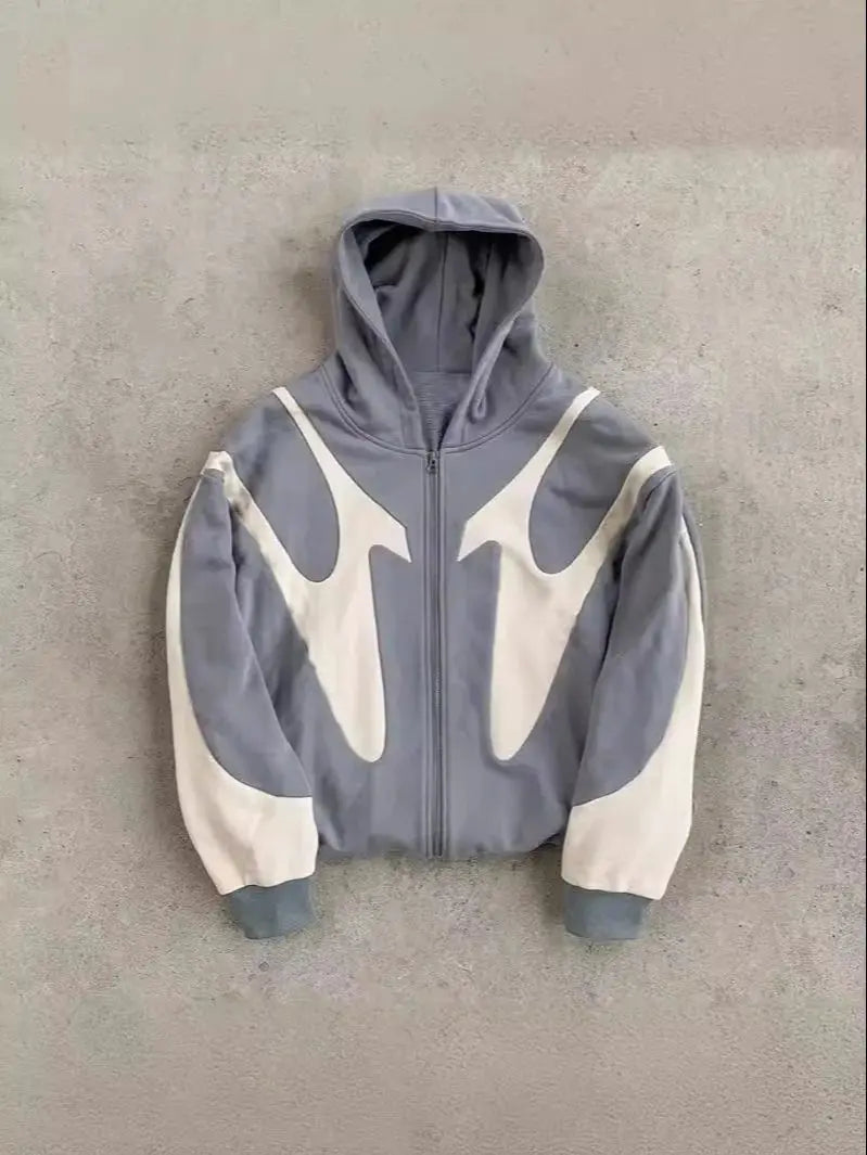 Men's Black & Gray Gothic Paneled Hoodie 2025 New Streetwear Oversized Zip-Up Jacket with Abstract Print Fashion Outerwear