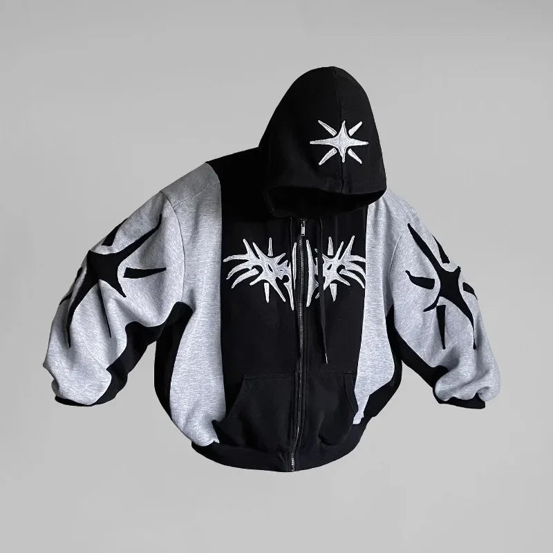 Hoodie Zip Up Y2K Harajuku Patchwork Goth — Streetwear Oversized Unisex