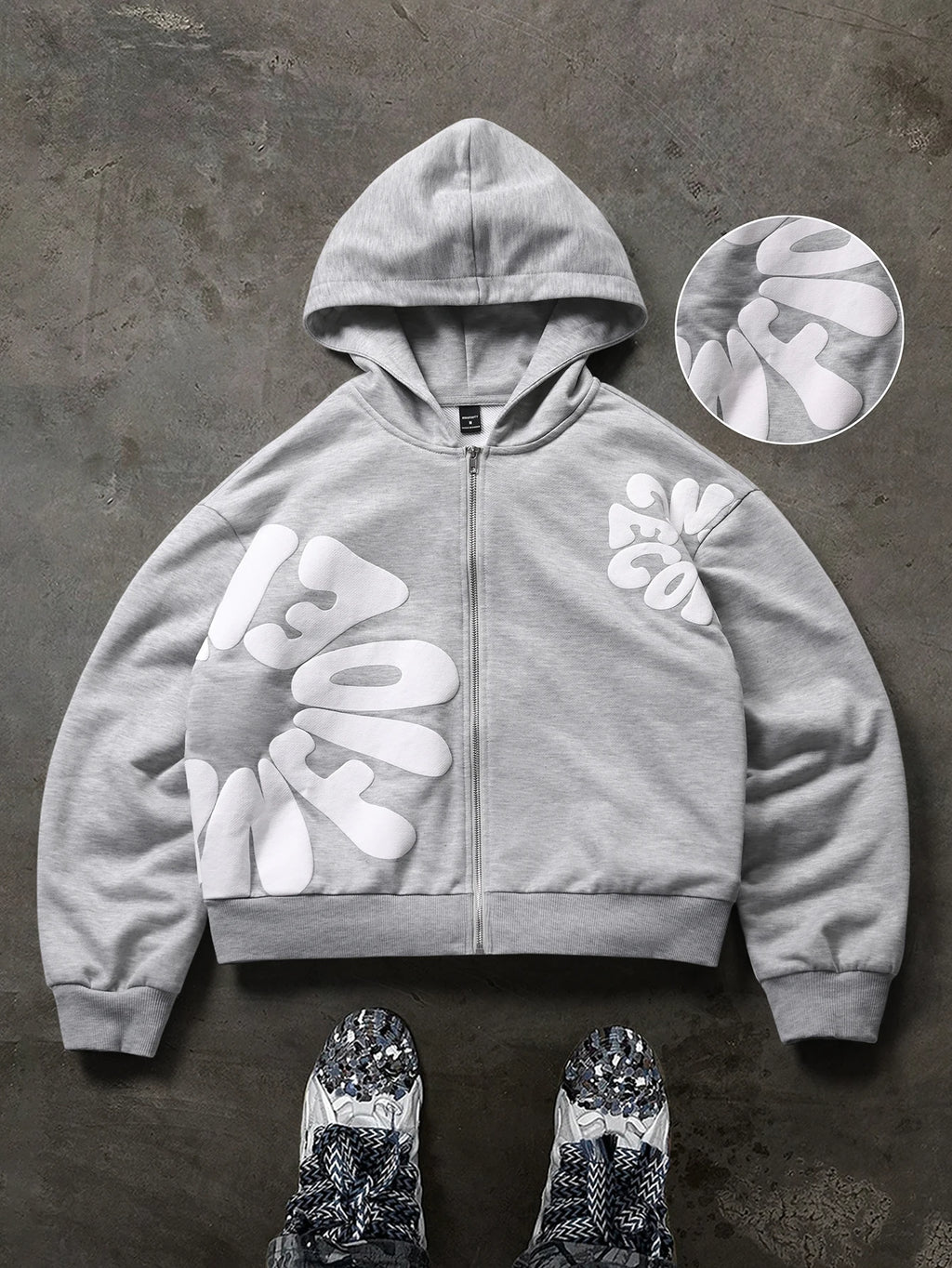 Hoodie Oversized 3D Puff Print Zip — Streetwear Premium Hombre