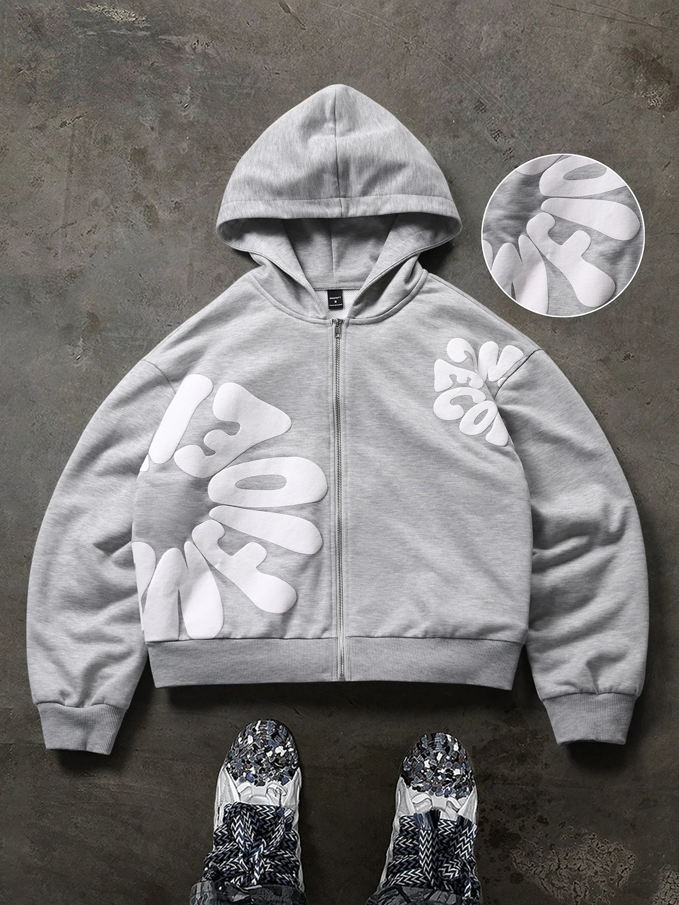 Hoodie Oversized 3D Puff Print Zip — Streetwear Premium Hombre