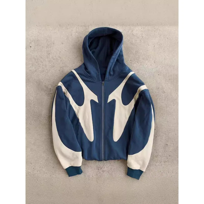 Men's Black & Gray Gothic Paneled Hoodie 2025 New Streetwear Oversized Zip-Up Jacket with Abstract Print Fashion Outerwear