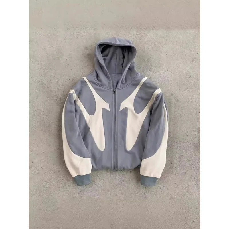 Men's Black & Gray Gothic Paneled Hoodie 2025 New Streetwear Oversized Zip-Up Jacket with Abstract Print Fashion Outerwear