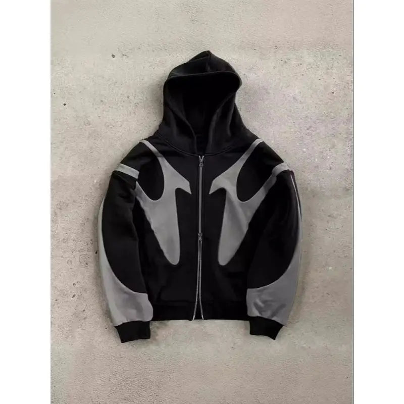 Men's Black & Gray Gothic Paneled Hoodie 2025 New Streetwear Oversized Zip-Up Jacket with Abstract Print Fashion Outerwear