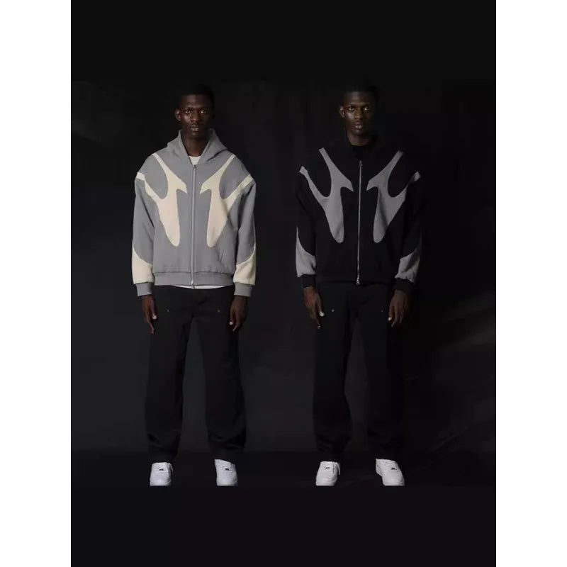 Men's Black & Gray Gothic Paneled Hoodie 2025 New Streetwear Oversized Zip-Up Jacket with Abstract Print Fashion Outerwear