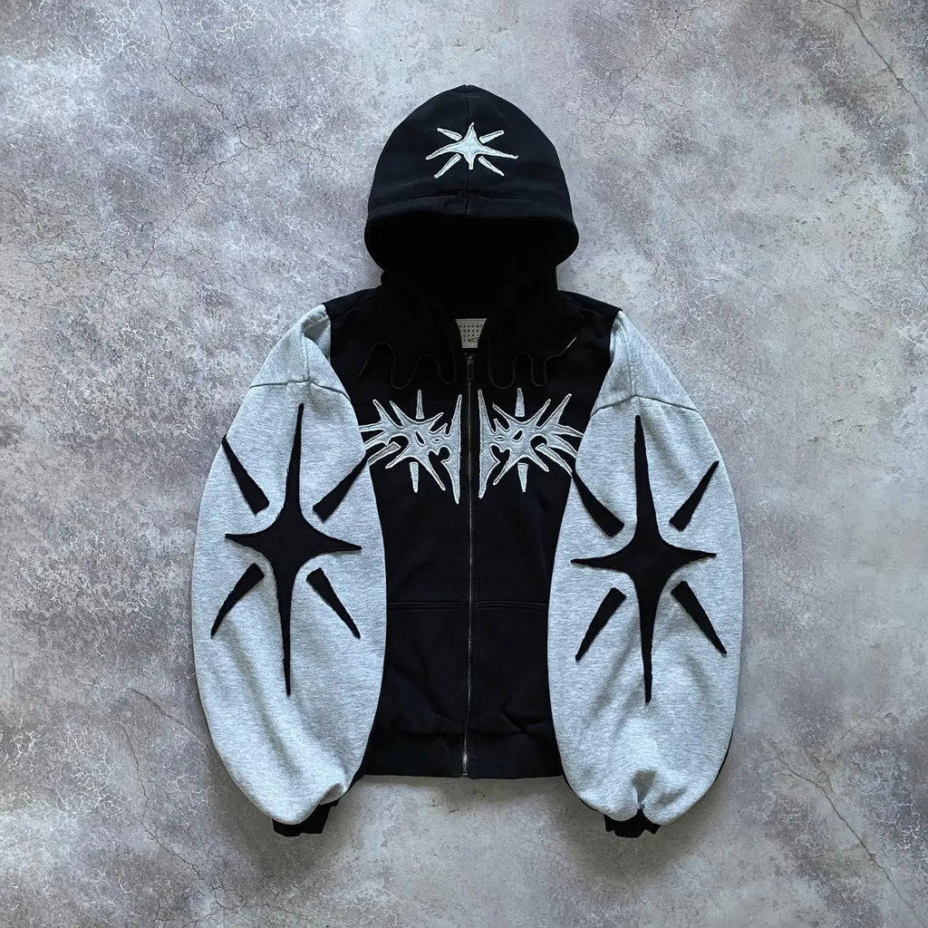 Hoodie Zip Up Y2K Harajuku Patchwork Goth — Streetwear Oversized Unisex