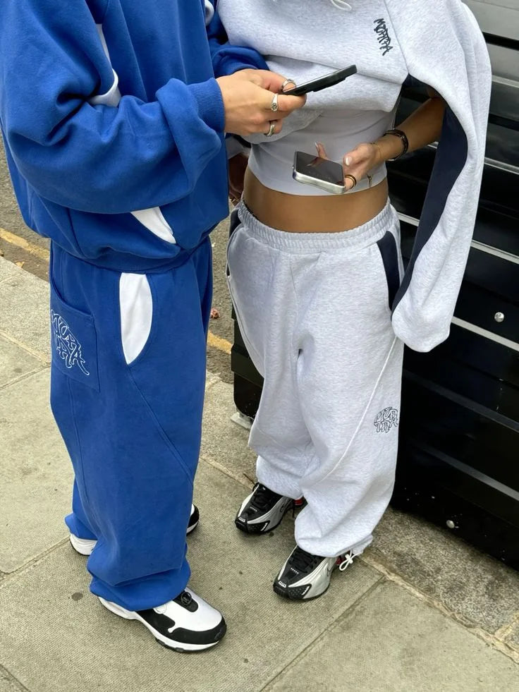 Blue striped simple hoodie, high street casual loose fit men's and women's sportswear set, two-piece set, cotton skin friendly