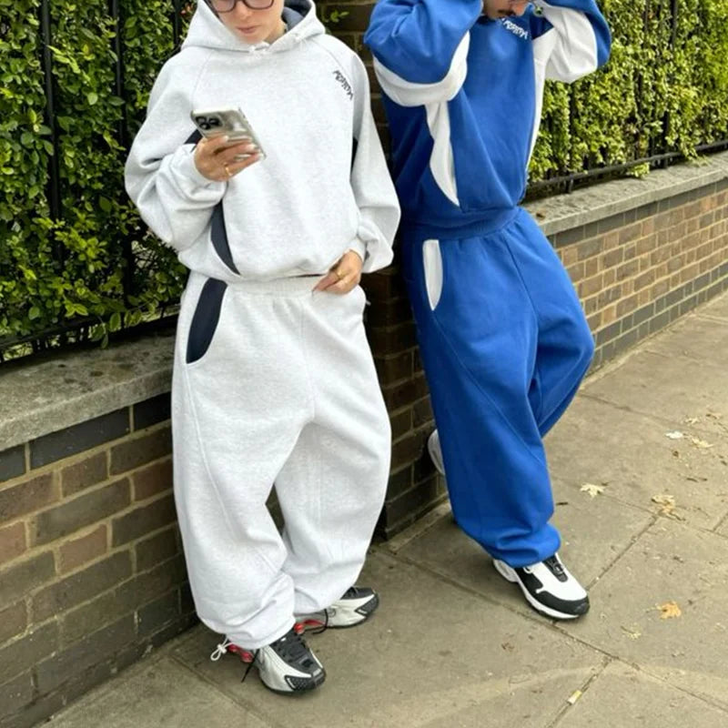 Blue striped simple hoodie, high street casual loose fit men's and women's sportswear set, two-piece set, cotton skin friendly