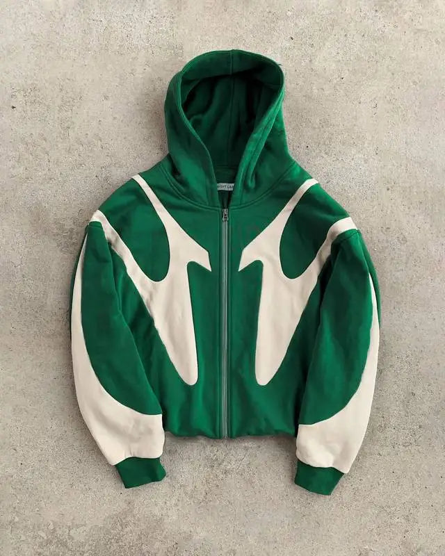 Men's Black & Gray Gothic Paneled Hoodie 2025 New Streetwear Oversized Zip-Up Jacket with Abstract Print Fashion Outerwear